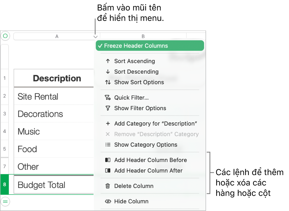 Menu cột bảng với các lệnh để thêm hoặc xóa hàng và cột.
