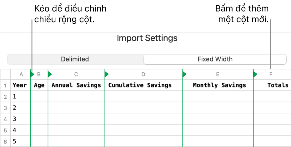 Cài đặt nhập cho tệp văn bản chiều rộng cố định.