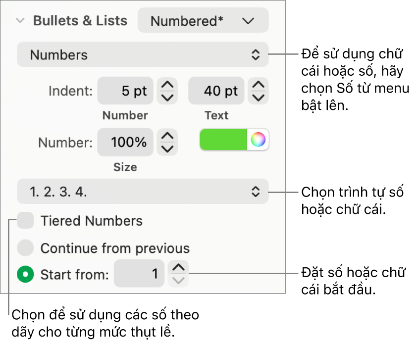 Các điều khiển để thay đổi kiểu số và khoảng cách của danh sách.