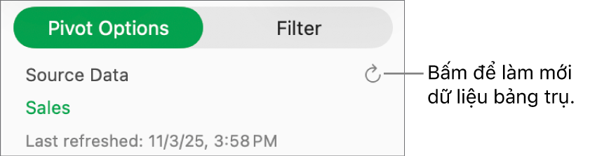 Tab Tùy chọn trục quay đang hiển thị tùy chọn làm mới bảng trụ.