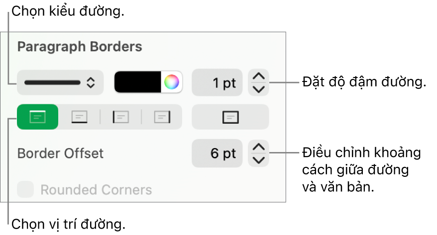 Các điều khiển để thay đổi kiểu đường, độ đậm, vị trí và màu.
