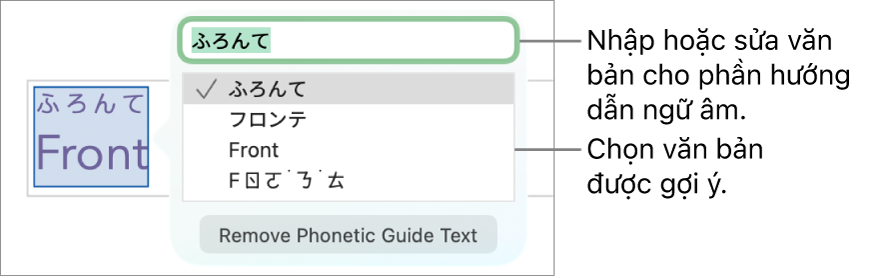 Phiên âm sẽ mở cho một từ, với các lời nhắc đến trường văn bản và văn bản được gợi ý.