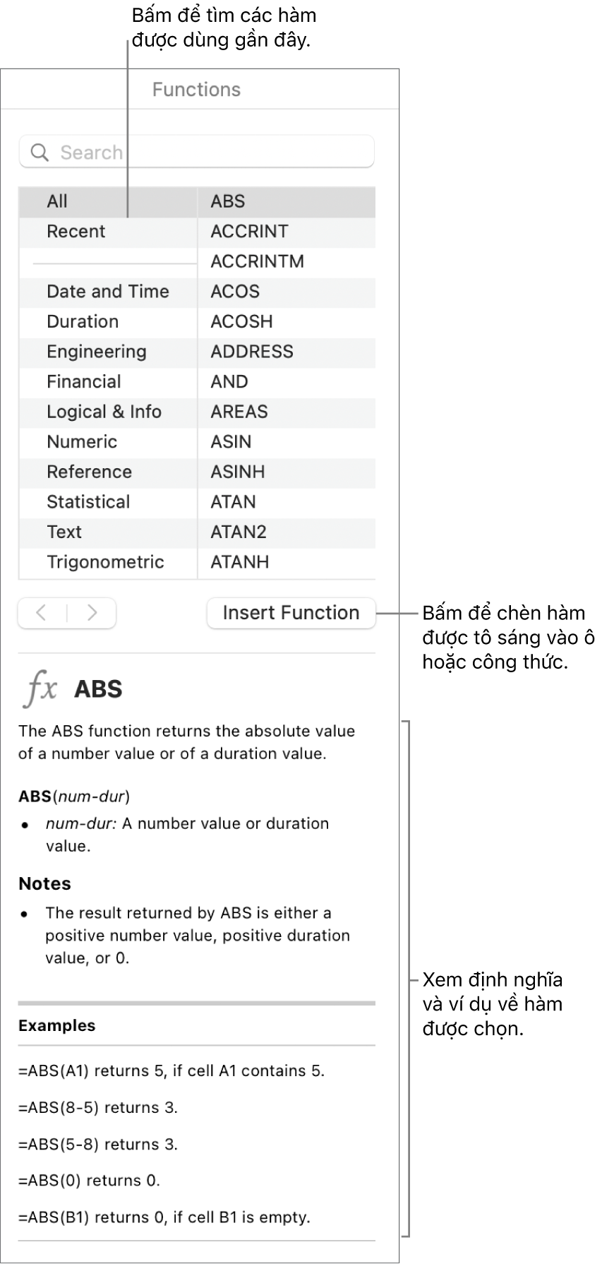 Trình duyệt hàm với các chú thích đến các hàm được sử dụng gần đây, nút Chèn hàm và định nghĩa hàm.