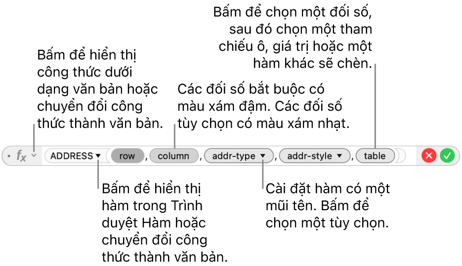 Trình sửa công thức đang hiển thị hàm ADDRESS và các mã thông báo đối số của hàm.