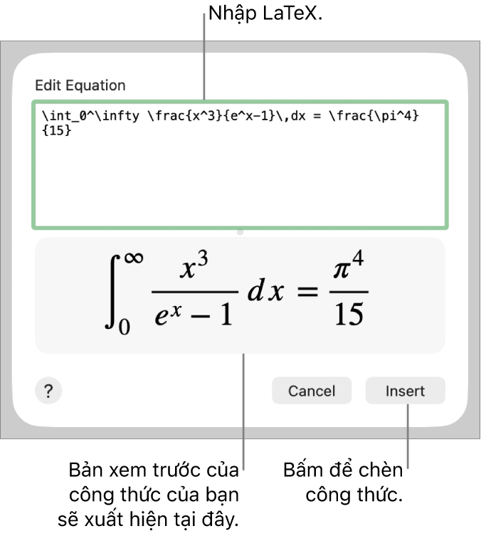 Công thức bậc hai được viết bằng LaTeX trong trường Phương trình và bản xem trước của công thức bên dưới.