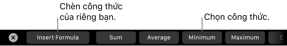 Touch Bar trên MacBook Pro với các điều khiển để chèn công thức của riêng bạn và chọn công thức được sử dụng phổ biến.