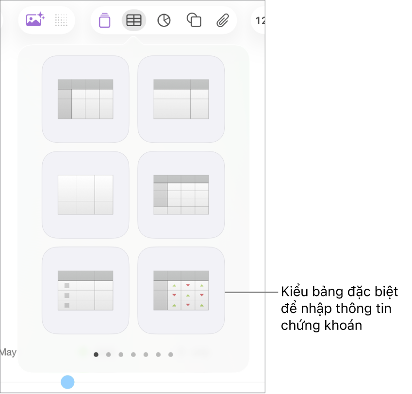 Nút Bảng được chọn với khung bảng đang hiển thị ở bên dưới. Kiểu bảng chứng khoán nằm ở góc dưới cùng bên phải.