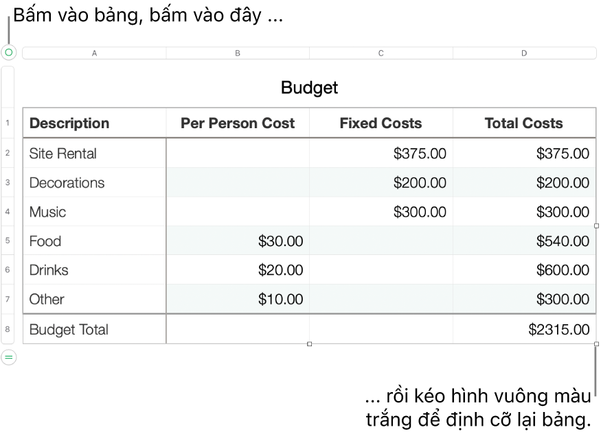 Một bảng được chọn có các hình vuông màu trắng để định cỡ lại.