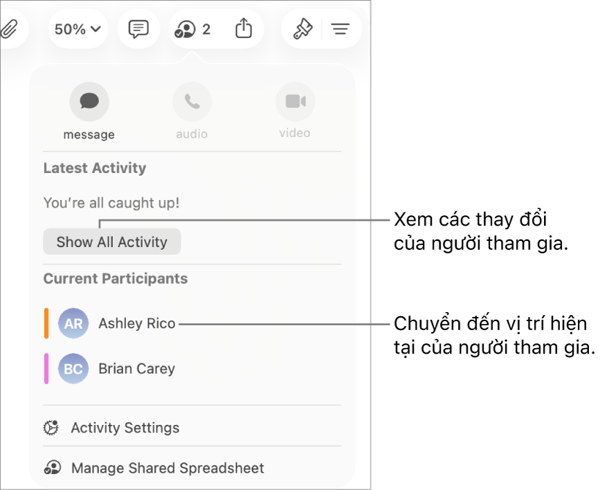 Menu cộng tác có hai người tham gia hiện tại được liệt kê.