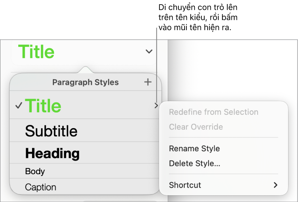 Menu Kiểu đoạn với menu phím tắt mở.