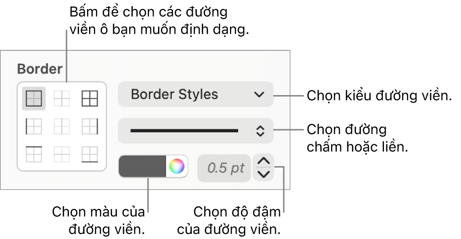Các điều khiển để tạo kiểu đường viền ô.