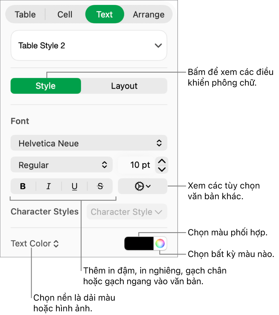 Các điều khiển để tạo kiểu văn bản của bảng.