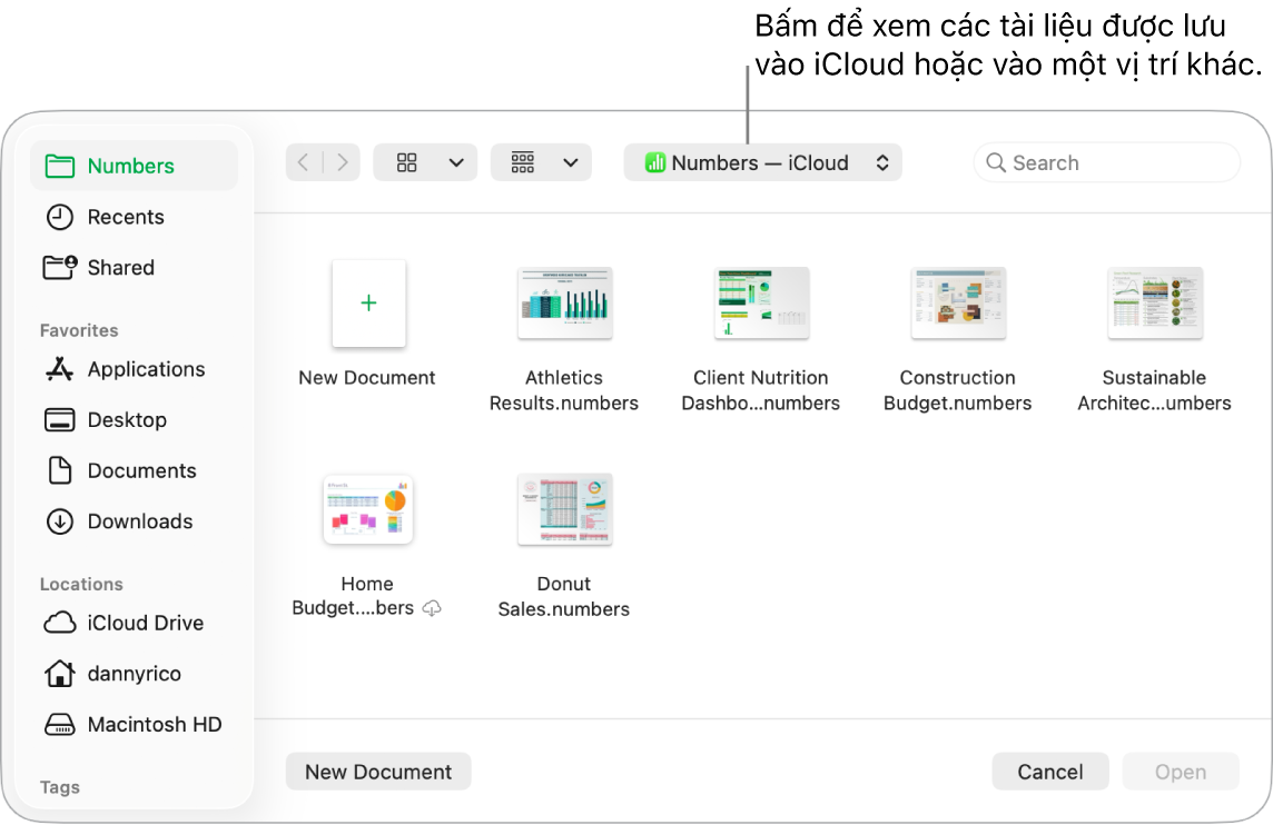 Hộp thoại Mở với thanh bên mở ở bên trái và iCloud Drive được chọn trong menu bật lên ở đầu. Các thư mục cho Keynote, Numbers và Pages xuất hiện trong hộp thoại, cùng với nút Tài liệu mới.