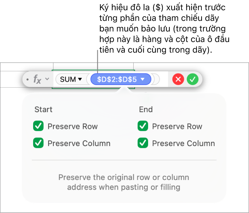 Công thức đang hiển thị tham chiếu hàng và cột được bảo lưu.
