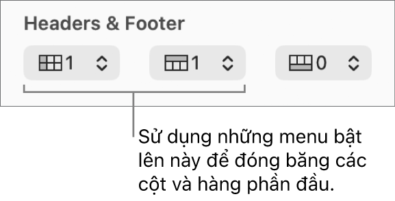 Menu bật lên để thêm cột và hàng phần đầu và phần chân vào bảng và để đóng bằng hàng và cột phần đầu.