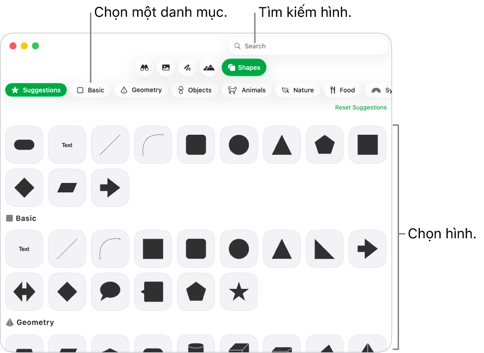Thư viện hình dạng, với các danh mục được liệt kê ở bên trái và các hình được hiển thị ở bên phải. Bạn có thể sử dụng trường tìm kiếm ở trên cùng để tìm các hình và cuộn để xem thêm.
