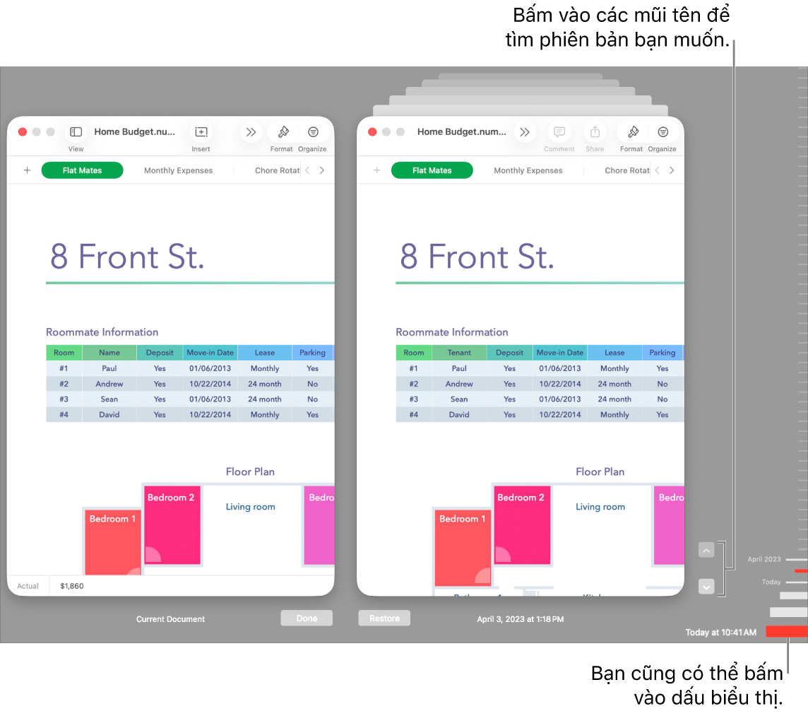 Cửa sổ Khôi phục hiển thị các phiên bản bạn có thể duyệt.