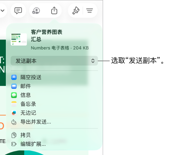 顶部已选中“发送副本”的“共享”菜单。