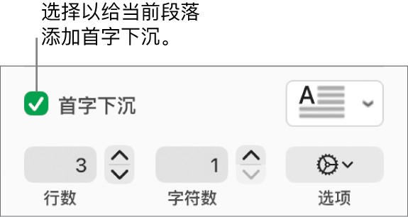 “首字下沉”复选框已选中，其右侧显示了一个弹出式菜单；其下方是用于设置行高和字符数的控制以及其他选项。