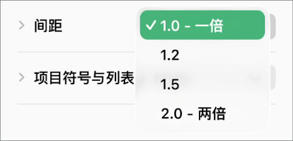 带有“一倍”、“两倍”和其他选项的“间距”弹出式菜单。