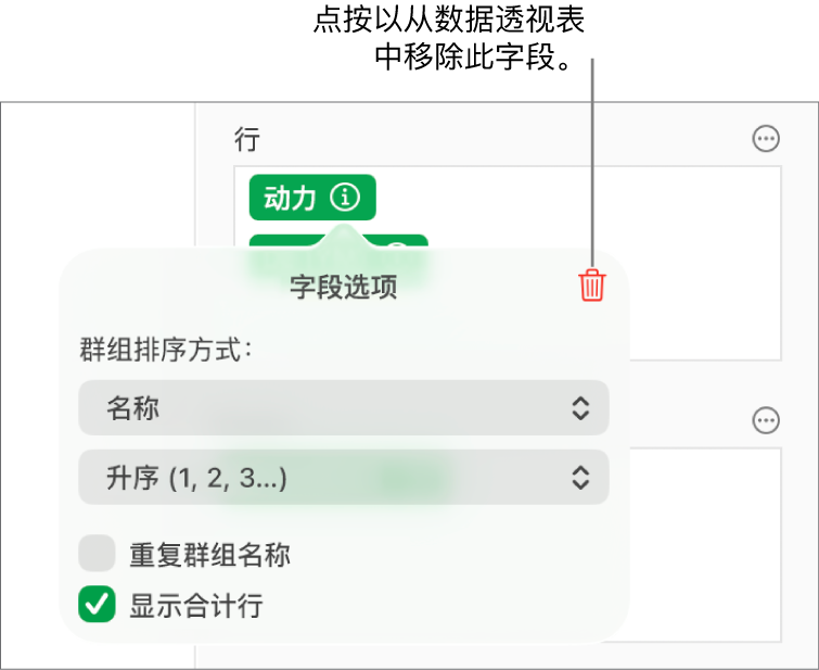 “字段选项”菜单，显示成组和排序数据的控制以及移除字段的选项。