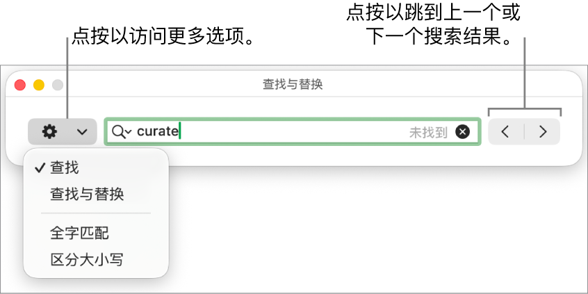 “查找与替换”窗口,其中的弹出式菜单显示“查找”、“查找与替换”、“全字匹配”和“区分大小写”的选项。右侧的箭头可让你跳到上一个或下一个搜索结果。