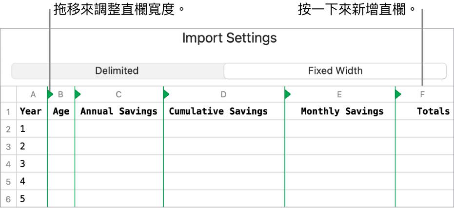 等寬文字檔案的輸入設定。