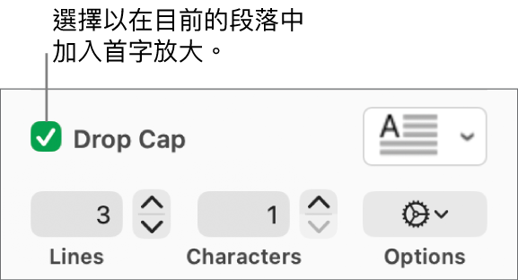 已剔選「首字放大」剔選框，然後彈出式選單在其右邊出現；設定行高、字數和其他選項的控制項目則在其下方出現。