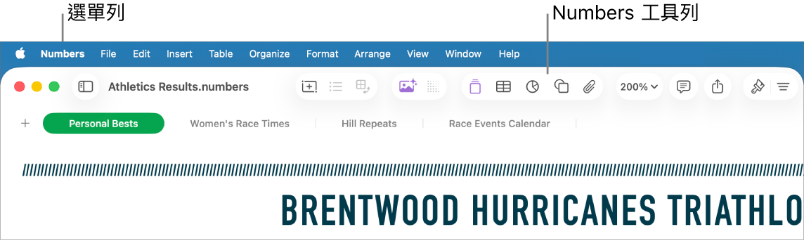 螢幕最上方的選單列，其中包括「蘋果」、Numbers、「檔案」、「編輯」、「插入」、「表格」、「整理」、「格式」、「排列」、「顯示方式」、「視窗」和「輔助説明」選單。選單列下方為開啟的 Numbers 試算表，最上方分別為「顯示方式」、「縮放」、「加入類別」、「樞紐分析表格」、「插入」、「表格」、「圖表」和「文字」工具列按鈕。