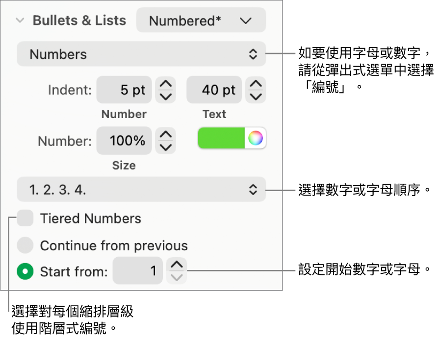更改列表編號樣式與間距的控制項目。