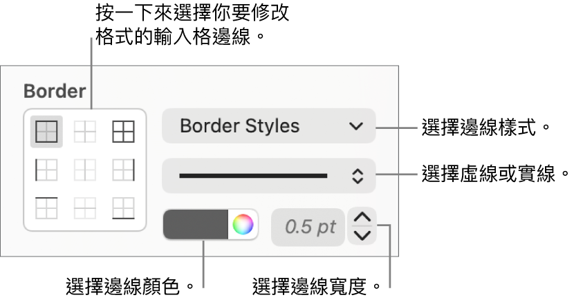 用於設定輸入格邊線樣式的控制項目。