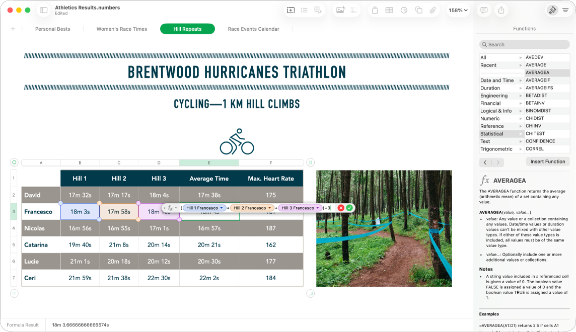 Numbers 視窗顯示一個已選擇的輸入格。所選的輸入格顯示公式結果，在輸入格下方，「公式編輯器」顯示完整公式。用於公式的值已被重點標示，並開啟側邊欄以顯示「公式與函數」輔助説明。