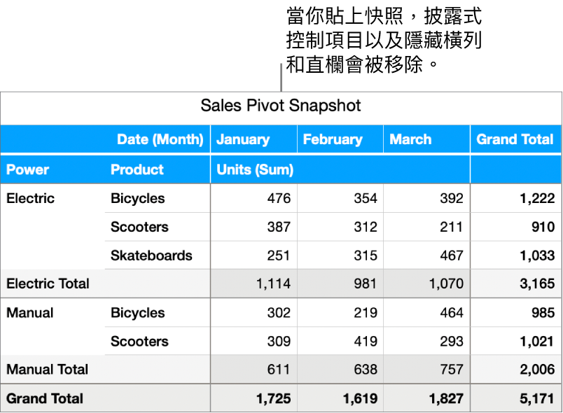 樞紐分析表格快照。