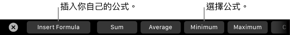 Macbook Pro「觸控欄」中可插入你自己的公式及選擇常見公式的控制項目。
