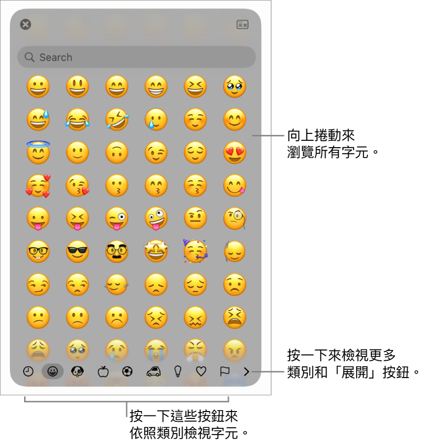 顯示表情符號的「特殊字元」彈出式選單,底部有各種符號的按鈕,説明文字指向顯示完整「字元」視窗的按鈕。