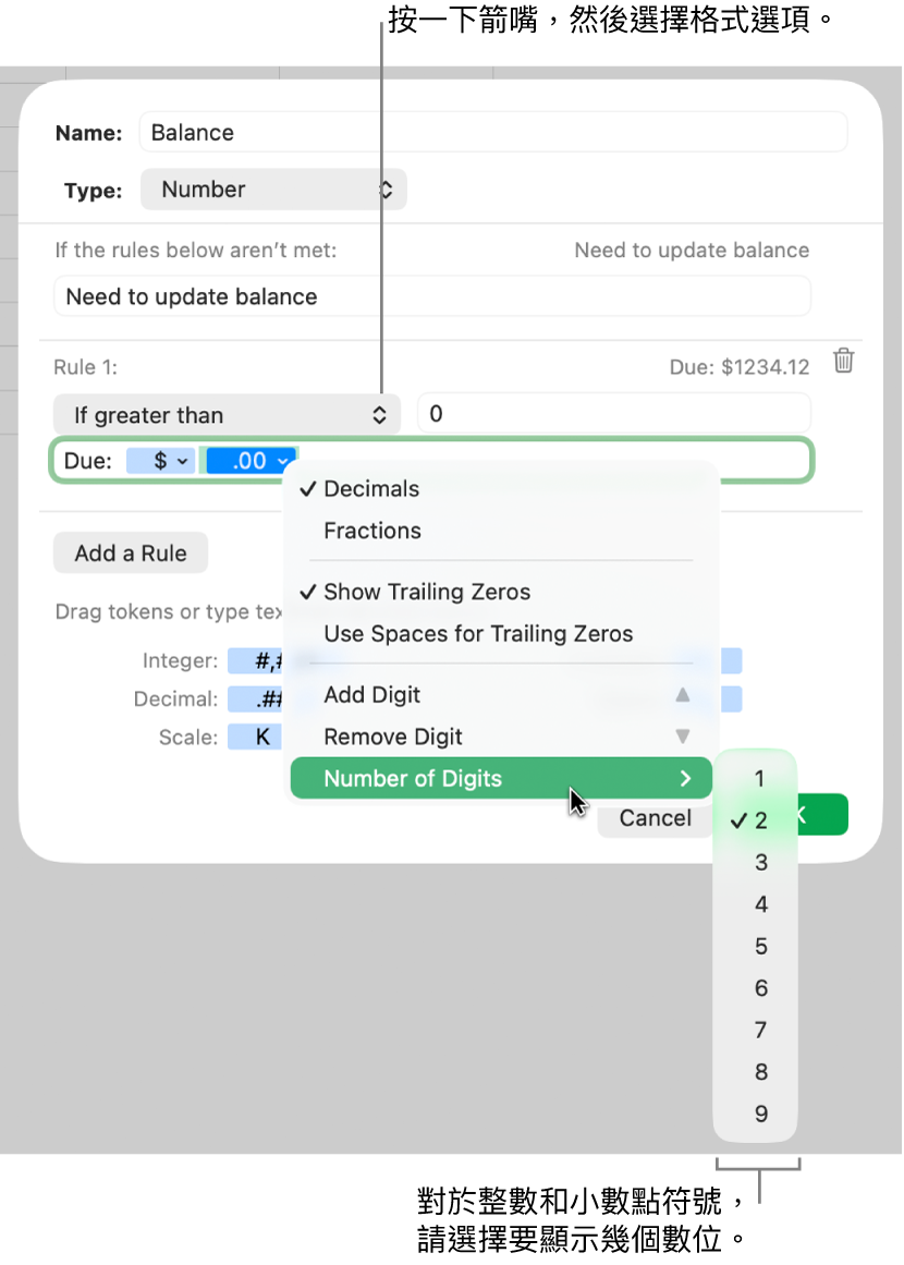 帶有選擇自訂格式選項的自訂輸入格格式視窗。