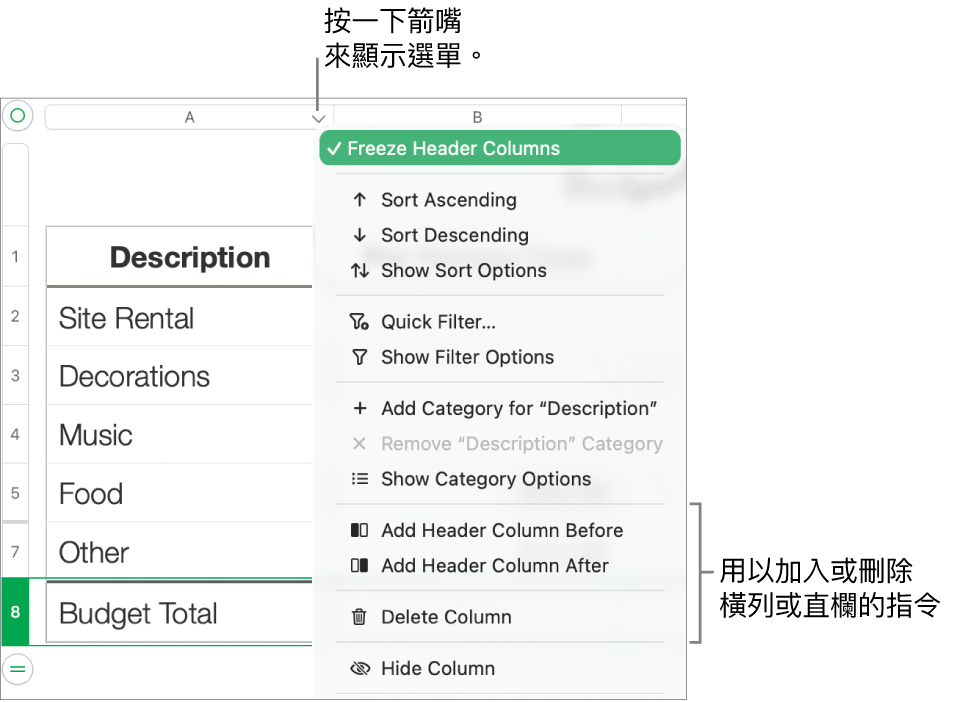 表格直欄選單，包括加入或刪除橫列和直欄的指令。