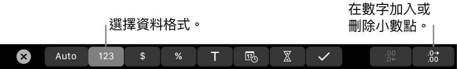 Macbook Pro「觸控欄」中可供選擇資料格式及增加或移除數字的小數位的控制項目。