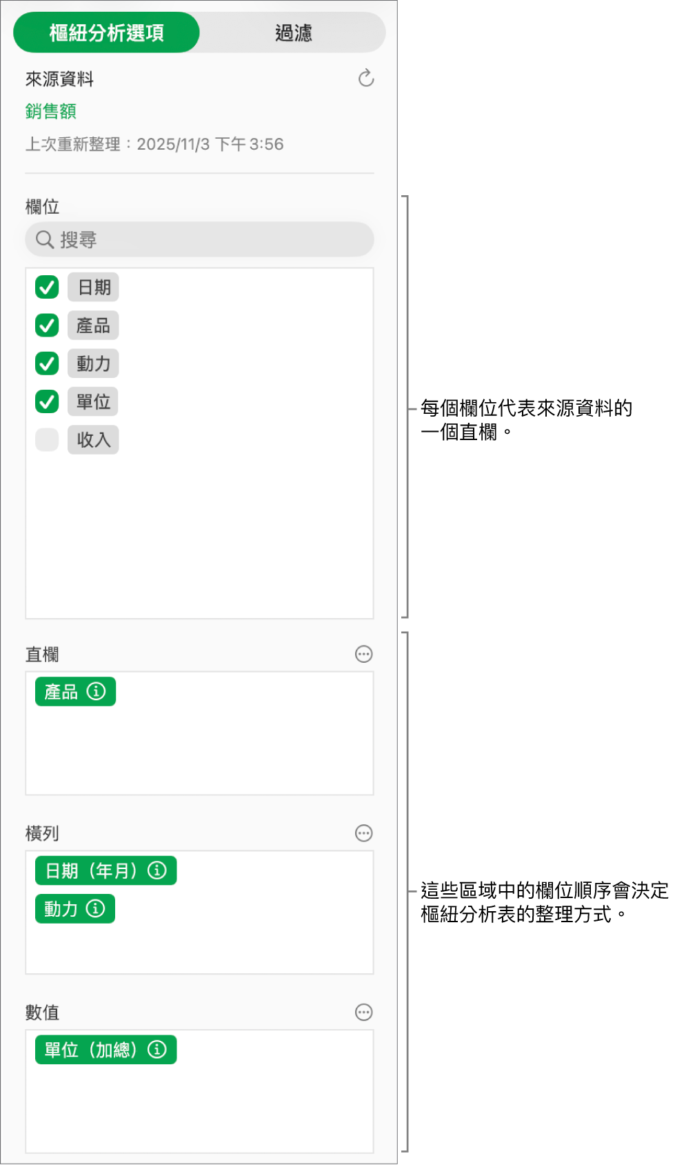 顯示直欄、橫列和數值區域中欄位的「樞紐選項」選單，以及編輯欄位和重新整理樞紐分析表的控制項目。