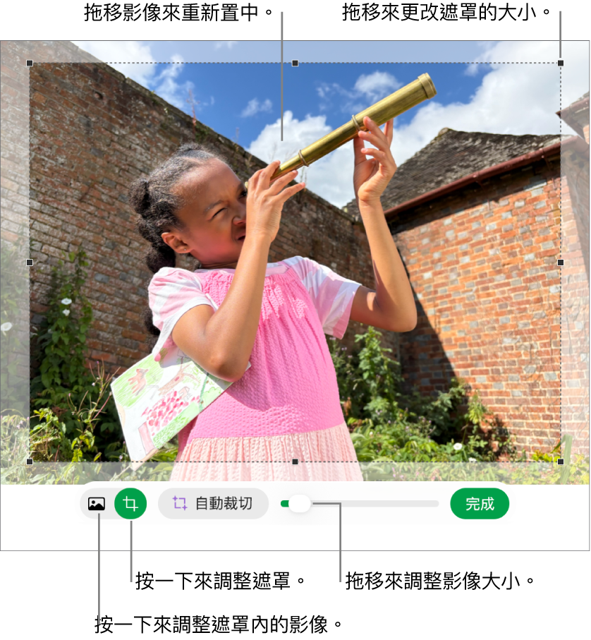 照片上的遮罩控制項目。