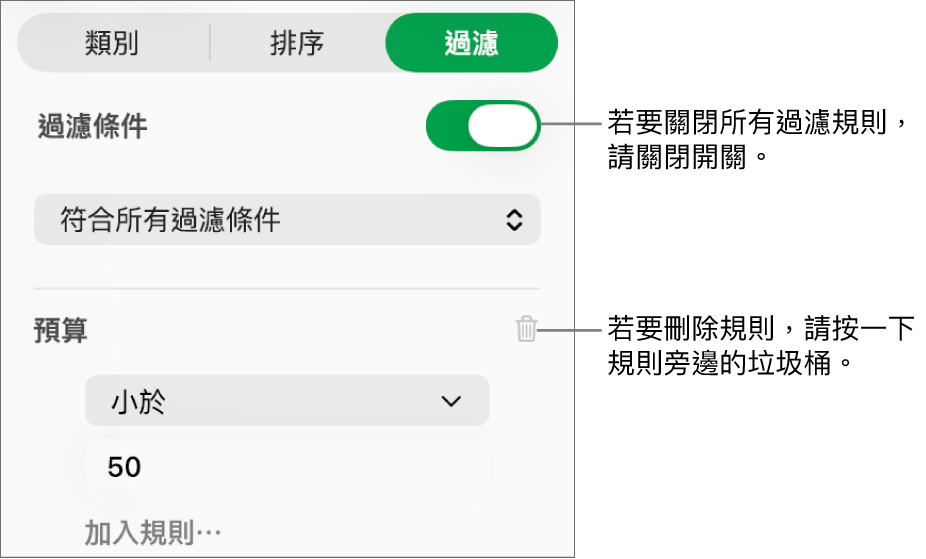 刪除過濾條件或關閉所有過濾條件的控制項目。