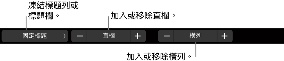 MacBook Pro 觸控列中帶有控制項目,用於凍結標題列或標題欄、加入或移除直欄,以及加入或移除橫列。