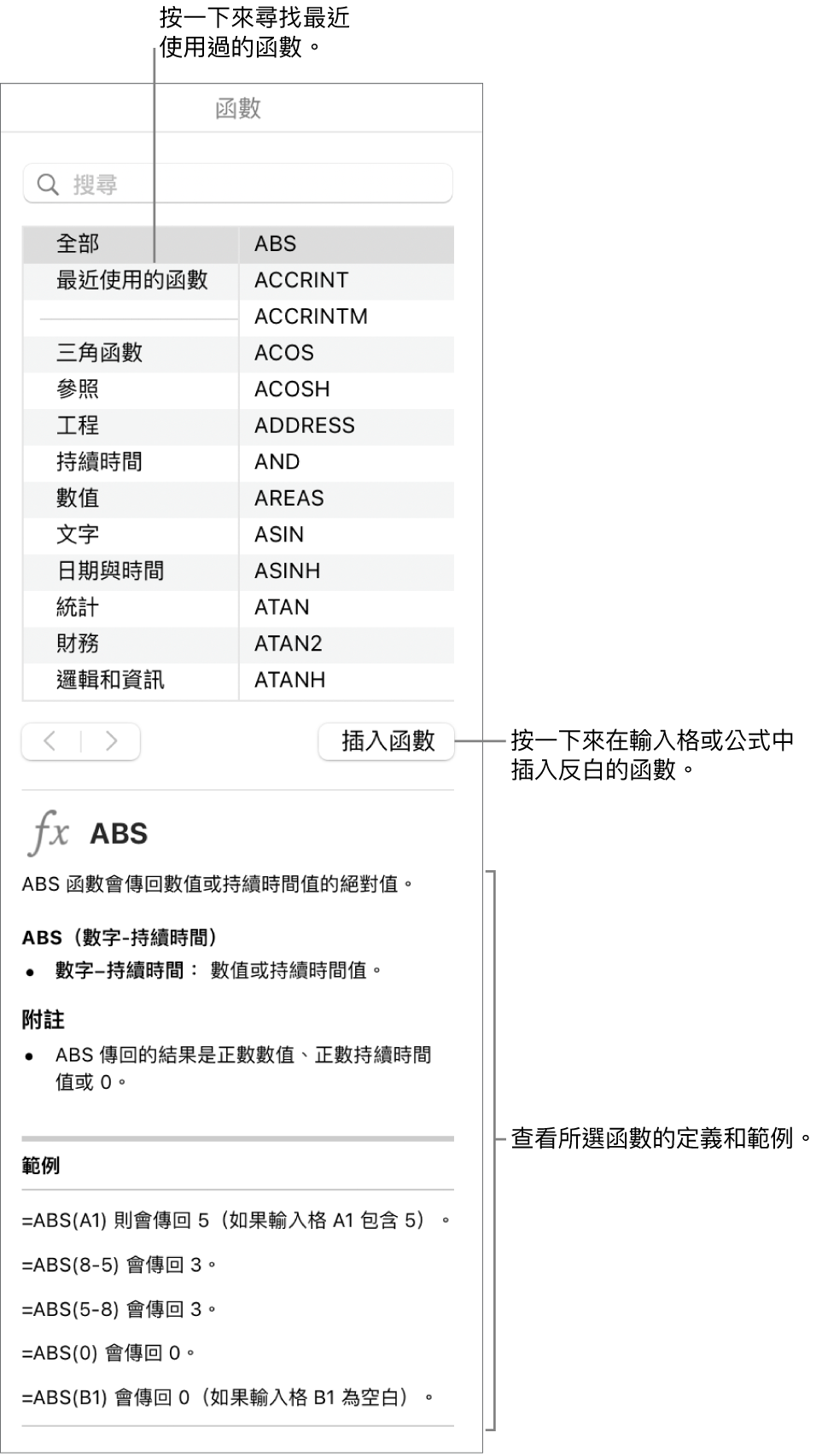 帶有說明文字的「函數瀏覽器」，指出最近使用的函數、「插入函數」按鈕以及函數定義。
