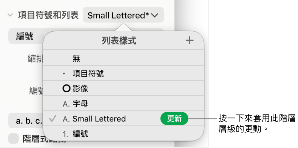 「列表樣式」彈出式選單,新樣式名稱旁邊有「更新」按鈕。