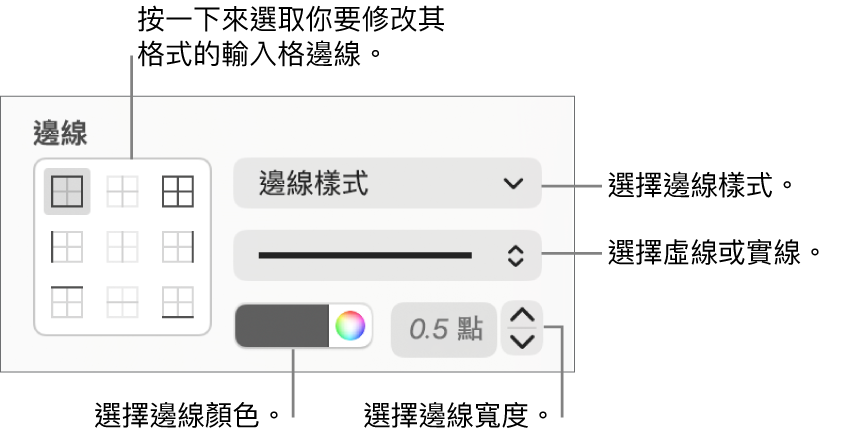 用於設定輸入格邊線樣式的控制項目。