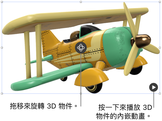 一個 3D 物件的中央有「旋轉」按鈕，有下方有「播放」按鈕。