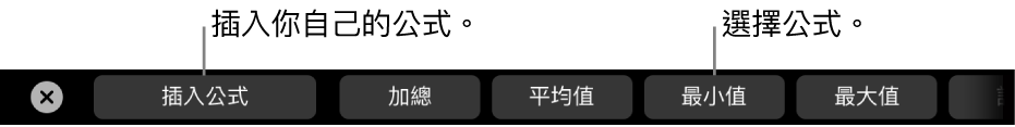 MacBook Pro 觸控列中帶有控制項目,用於插入公式和選擇常用公式。
