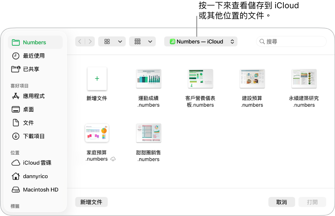 「打開」對話框的左側開啟側邊欄,最上方的彈出式選單中選取了「iCloud 雲碟」。Keynote、Numbers 和 Pages 的檔案夾和「新增文件」按鈕一起顯示在對話框中。
