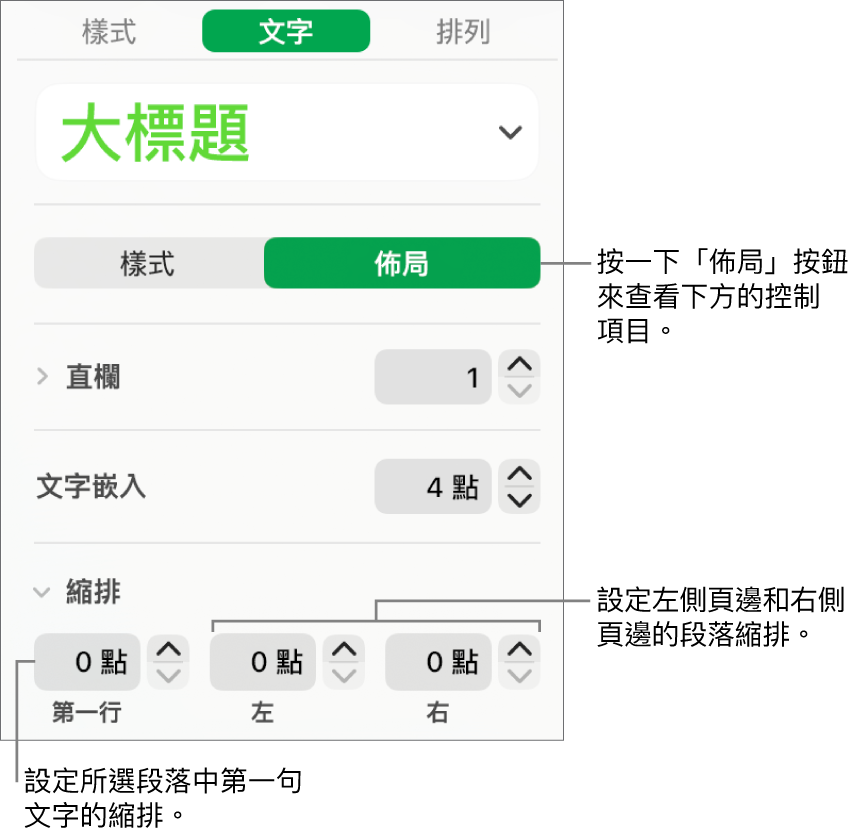 「格式」側邊欄的「佈局」區域，顯示設定第一行縮排與段落頁邊的控制項目。