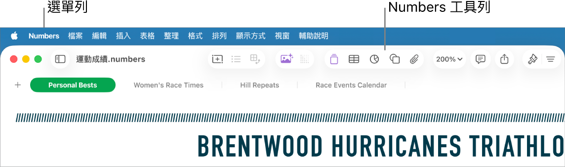 螢幕最上方的選單列,其中包含「蘋果」、Numbers、「檔案」、「編輯」、「插入」、「表格」、「整理」、「格式」、「排列」、「顯示方式」、「視窗」和「輔助說明」選單。選單列下方為打開的 Numbers 試算表,最上方分別為「顯示方式」、「縮放」、「加入類別」、「樞紐分析表」、「插入」、「表格」、「圖表」和「文字」工具列按鈕。